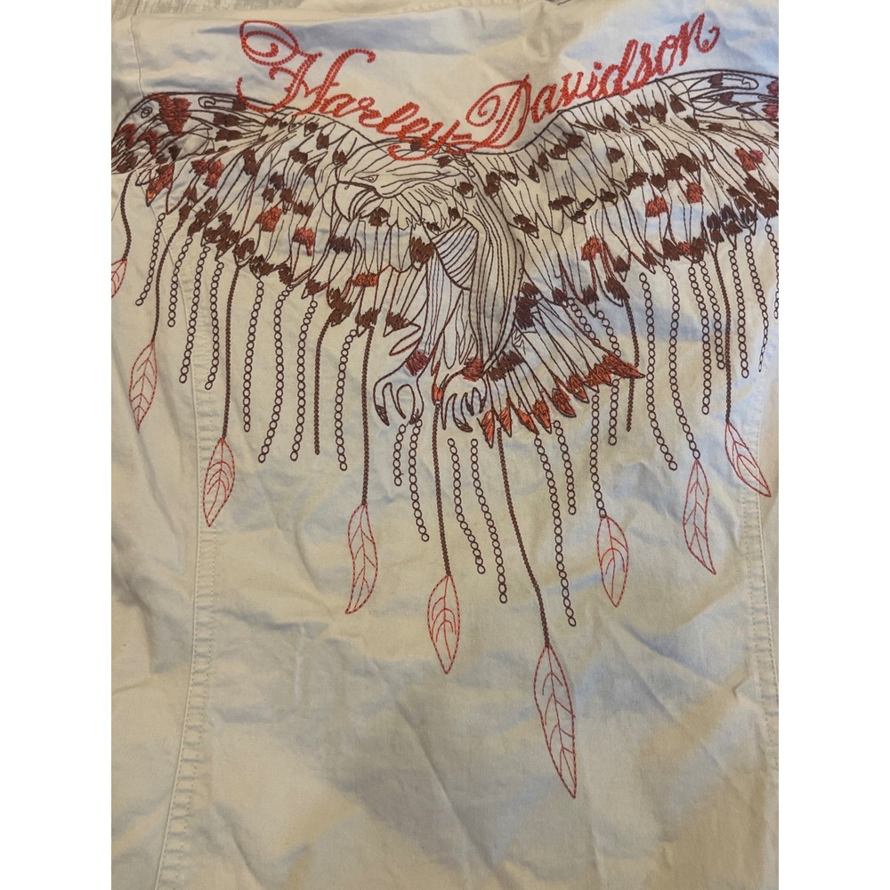 Harley Davidson Top Women's Large Full Zip Short Sleeve Embroidered Bird Beige
